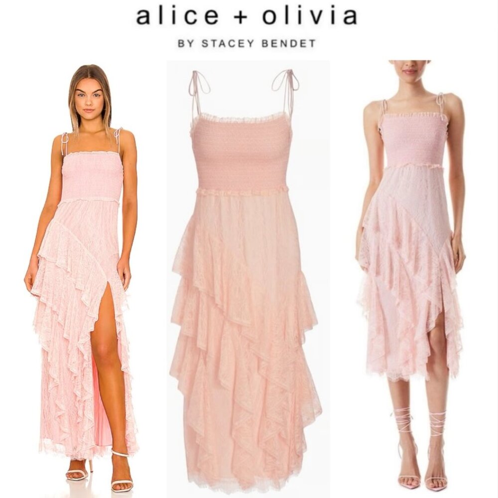 Alice + Olivia Jocelyn Smocked Ruffle Corded Lace Midi-Dress Pink NWT